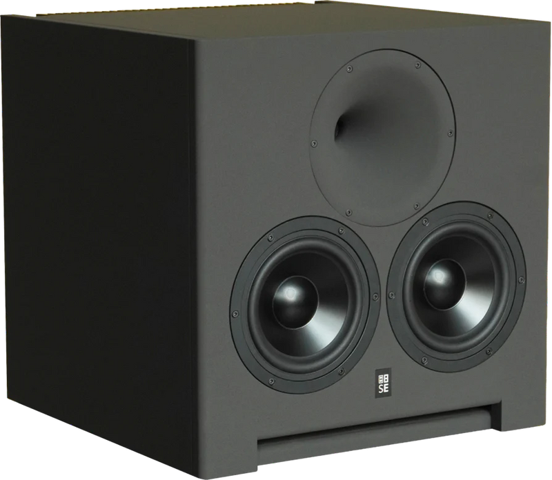 Front three-quarter perspective view of a single STRAUSS ELEKTROAKUSTIK SE AP-1 Active-Passive Reference Monitor on a checkered background, highlighting its signature vertical driver alignment with a custom high-frequency compression driver horn positioned directly centered above dual 6.5-inch woofers, showcasing its precision mechanical enclosure engineering and Nextel Anthracite finish.