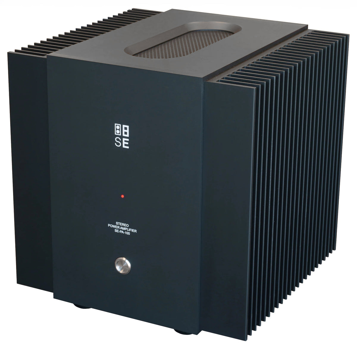 Front view of the STRAUSS ELEKTROAKUSTIK SE PA-100 Stereo Power Amplifier, centered on a dark gray background, showcasing the minimal precision analog design, milled solid aluminum faceplate, and signature clean mechanical hardware alignment.