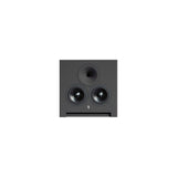 Front view of a single STRAUSS ELEKTROAKUSTIK SE AP-1 Active-Passive Reference Monitor centered on a white background, highlighting the signature vertical alignment of the custom high-frequency compression driver horn centered directly above the dual 5.5-inch woofers, showcasing its compact and precise mechanical enclosure geometry.
