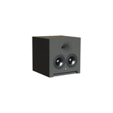 Front three-quarter perspective view of a single STRAUSS ELEKTROAKUSTIK SE AP-1 Active-Passive Reference Monitor on a white background, highlighting the dual 5.5-inch woofers, the centrally aligned 1-inch compression driver horn geometry, and its precision mechanical enclosure engineering.