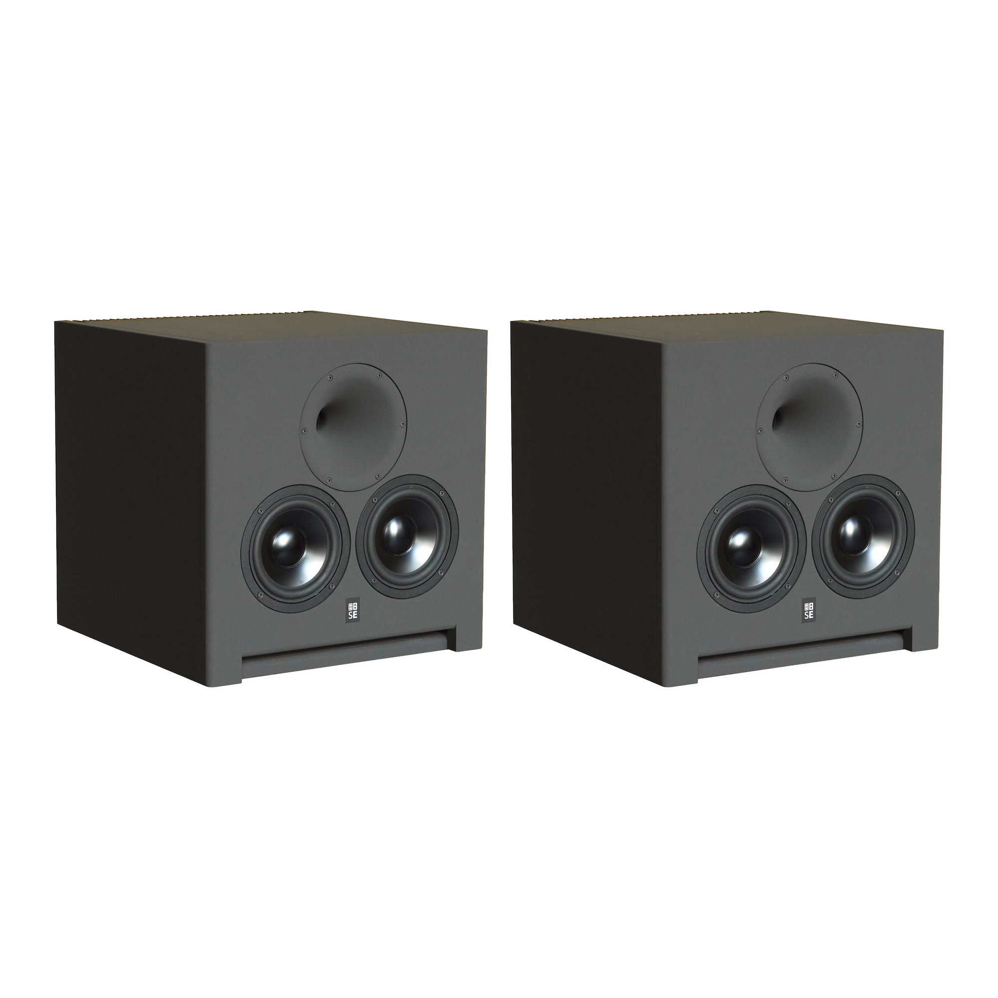 Front perspective view of a pair of STRAUSS ELEKTROAKUSTIK SE AP-1 Active-Passive Reference Monitors on a white background, highlighting the dual 5.5-inch woofers, the centrally aligned 1-inch compression driver horn geometry, and the compact, precision mechanical chassis engineering.