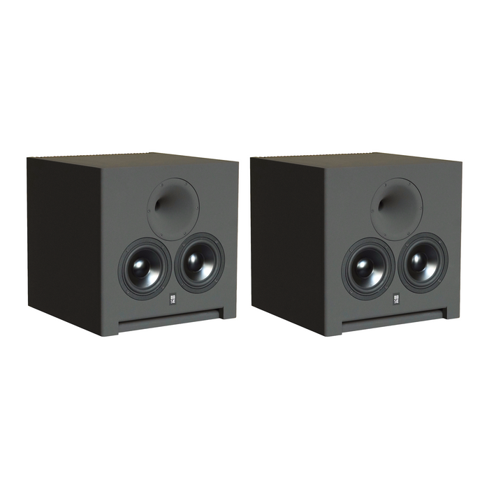 Front perspective view of a pair of STRAUSS ELEKTROAKUSTIK SE AP-1 Active-Passive Reference Monitors on a white background, highlighting the dual 5.5-inch woofers, the centrally aligned 1-inch compression driver horn geometry, and the compact, precision mechanical chassis engineering.