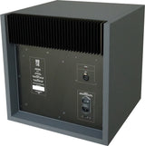 Rear three-quarter perspective view of the STRAUSS ELEKTROAKUSTIK SE AP-1 Active-Passive Reference Monitor on a white background, highlighting the integrated heavy-duty cooling fins, the rear panel interface with balanced XLR input, and the clean, precision mechanical enclosure engineering.