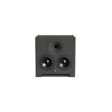 Front view of a single STRAUSS ELEKTROAKUSTIK SE AP-2 Active-Passive Reference Monitor shown at a slight downward angle on a white background, highlighting the signature vertical alignment of the custom high-frequency compression driver horn centered directly above the dual 6.5-inch woofers, showcasing its precision mechanical enclosure geometry.