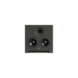 Front view of a single STRAUSS ELEKTROAKUSTIK SE AP-2 Active-Passive Reference Monitor centered on a white background, highlighting the signature vertical driver layout with the custom high-frequency compression driver horn aligned directly above the dual 6.5-inch woofers, showcasing its precision mechanical enclosure geometry