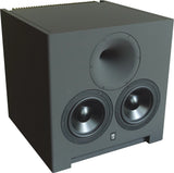 Front three-quarter perspective view of the STRAUSS ELEKTROAKUSTIK SE AP-2 Active-Passive Reference Monitor on a white background, highlighting the dual 6.5-inch woofers, the centrally aligned 1-inch compression driver horn geometry, and its precision mechanical enclosure engineering.