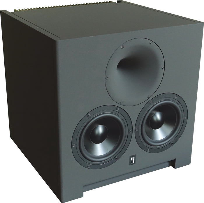 Front three-quarter perspective view of the STRAUSS ELEKTROAKUSTIK SE AP-2 Active-Passive Reference Monitor on a white background, highlighting the dual 6.5-inch woofers, the centrally aligned 1-inch compression driver horn geometry, and its precision mechanical enclosure engineering.