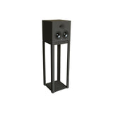 Front three-quarter perspective view of a single STRAUSS ELEKTROAKUSTIK SE AP-2 Active-Passive Reference Monitor mounted on a custom floor stand, set against a clean white background, showcasing the vertical driver alignment, custom high-frequency compression driver horn, and minimal mechanical system engineering in Nextel Anthracite.