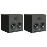 Front angle perspective view of a pair of STRAUSS ELEKTROAKUSTIK SE AP-2 Active-Passive Reference Monitors, highlighting the signature vertical alignment of the custom high-frequency compression driver horn centered directly above the dual 6.5-inch woofers, showcasing its precision mechanical enclosure geometry.