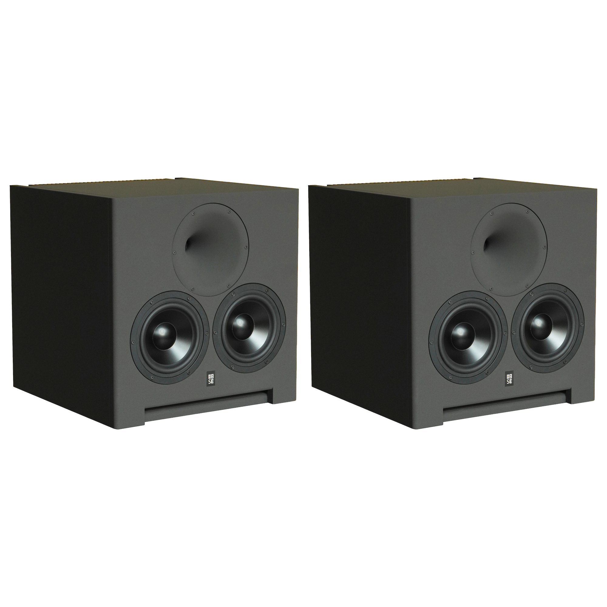 Front angle perspective view of a pair of STRAUSS ELEKTROAKUSTIK SE AP-2 Active-Passive Reference Monitors, highlighting the signature vertical alignment of the custom high-frequency compression driver horn centered directly above the dual 6.5-inch woofers, showcasing its precision mechanical enclosure geometry.