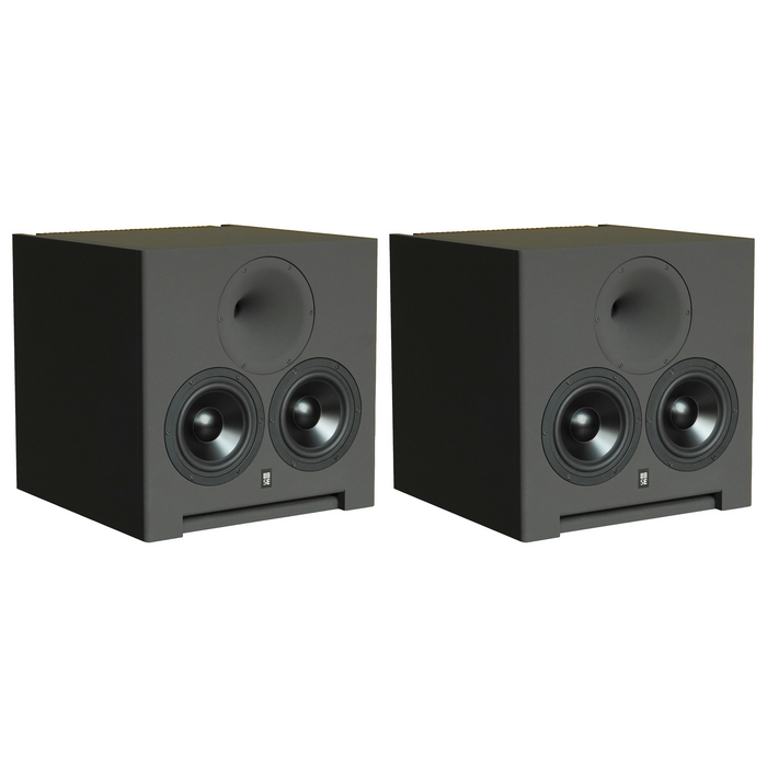 Front angle perspective view of a pair of STRAUSS ELEKTROAKUSTIK SE AP-2 Active-Passive Reference Monitors, highlighting the signature vertical alignment of the custom high-frequency compression driver horn centered directly above the dual 6.5-inch woofers, showcasing its precision mechanical enclosure geometry.