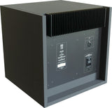 Rear three-quarter perspective view of a single STRAUSS ELEKTROAKUSTIK SE AP-2 Active-Passive Reference Monitor, highlighting the integrated heavy-duty cooling fins, the rear panel interface with balanced XLR input, and the clean mechanical enclosure engineering in Nextel Anthracite.