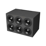 Front angle perspective view of the STRAUSS ELEKTROAKUSTIK SE AP-SW Active-Passive Reference Subwoofer on a white background, showcasing the precision mechanical layout of its six front-facing 8-inch drivers within a multi-chamber, multi-resonant enclosure finished in Nextel Anthracite.