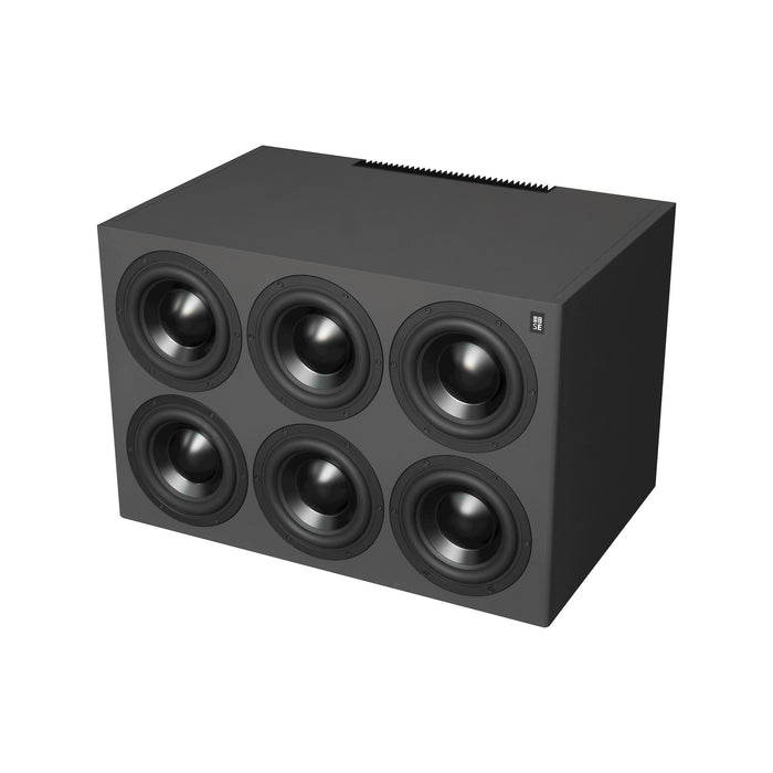 Front angle perspective view of the STRAUSS ELEKTROAKUSTIK SE AP-SW Active-Passive Reference Subwoofer on a white background, showcasing the precision mechanical layout of its six front-facing 8-inch drivers within a multi-chamber, multi-resonant enclosure finished in Nextel Anthracite.