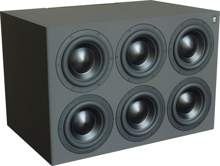 Front three-quarter perspective view of a single STRAUSS ELEKTROAKUSTIK SE AP-SW Active-Passive Reference Subwoofer on a white background, showcasing the signature vertical alignment of three active 8-inch woofers alongside three passive radiators in a precision mechanical, multi-chamber enclosure design.