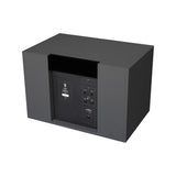 Rear three-quarter perspective view of a single STRAUSS ELEKTROAKUSTIK SE AP-SW Active-Passive Reference Subwoofer on a white background, highlighting the integrated heavy-duty vertical cooling fins, the rear panel interface with balanced XLR inputs and precision calibration controls, and the clean mechanical cabinet enclosure engineered in Nextel Anthracite.