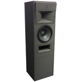 Three-quarter profile view of the STRAUSS ELEKTROAKUSTIK SE MF-2.1 Large-Format Passive Monitoring System, mounted vertically on its matching dedicated stand enclosure in Nextel Anthracite on a white background.