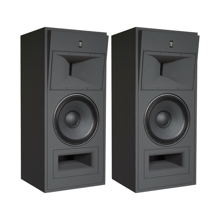 A stereo pair of STRAUSS ELEKTROAKUSTIK SE MF-2.1 Large-Format Passive Monitoring Systems, showcasing the front horn-loaded baffles and 15-inch LIT woofers in Nextel Anthracite.