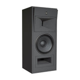 Three-quarter profile view of the STRAUSS ELEKTROAKUSTIK SE MF-2.1 Large-Format Passive Monitoring System, showcasing the custom horn driver, 15-inch LIT woofer, and deep cabinet enclosure in Nextel Anthracite on a white background.