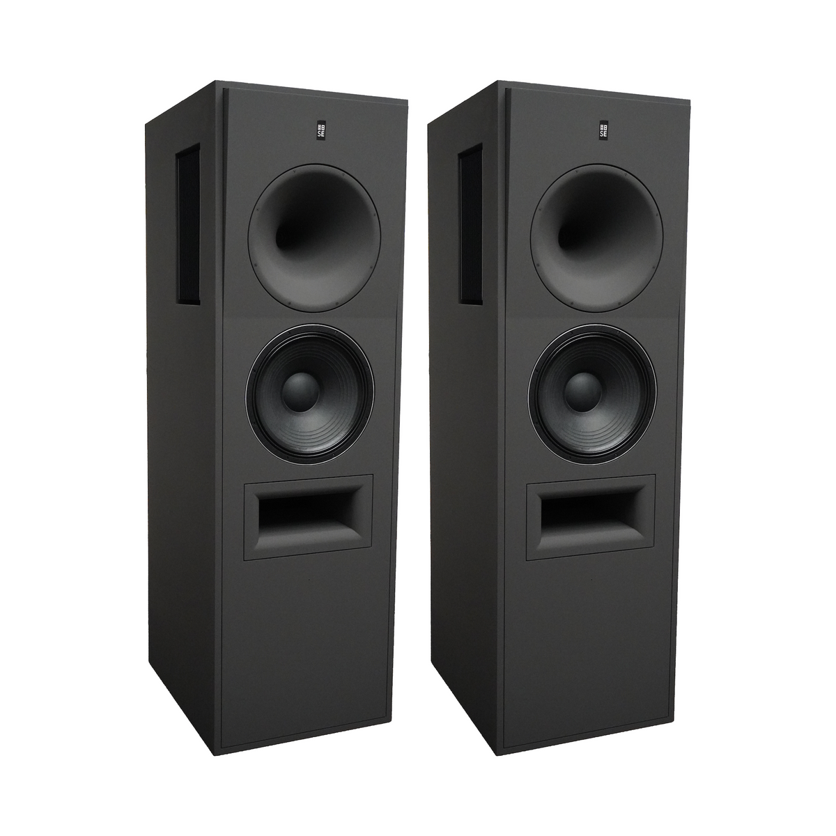 A stereo pair of STRAUSS ELEKTROAKUSTIK SE MF-20 Large-Format Active-Passive Monitoring Systems, showcasing the flagship horn-loaded baffles and low-frequency woofers engineered for scientific research, professional mastering, and critical studio monitoring.