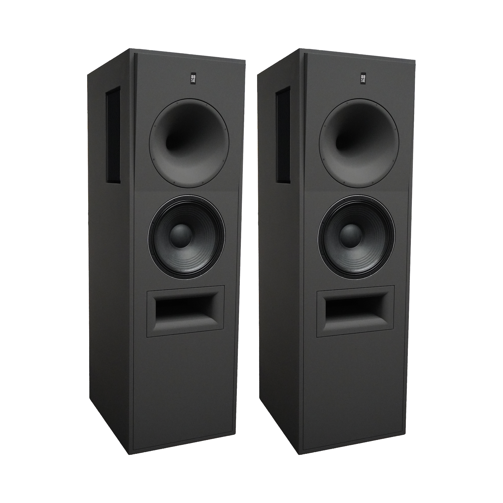 A stereo pair of STRAUSS ELEKTROAKUSTIK SE MF-20 Large-Format Active-Passive Monitoring Systems, showcasing the flagship horn-loaded baffles and low-frequency woofers engineered for scientific research, professional mastering, and critical studio monitoring.