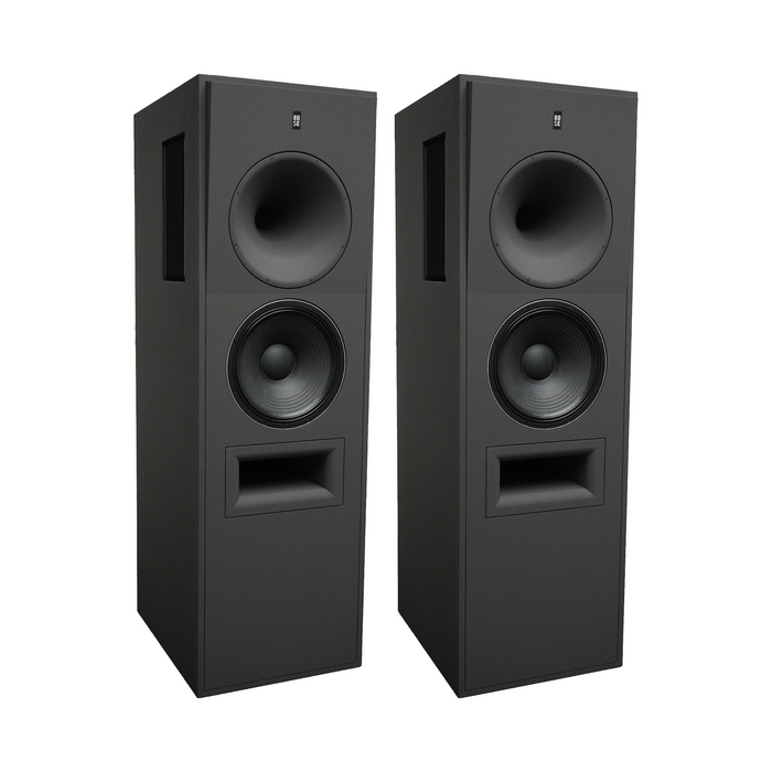 A stereo pair of STRAUSS ELEKTROAKUSTIK SE MF-20 Large-Format Active-Passive Monitoring Systems, showcasing the flagship horn-loaded baffles and low-frequency woofers engineered for scientific research, professional mastering, and critical studio monitoring.