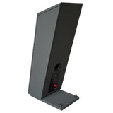 A rear three-quarter profile view of the STRAUSS ELEKTROAKUSTIK SE MF-4S Large-Format Floorstanding Passive Monitoring System, showcasing the technical interface panel, heavy-duty binding posts, and integrated floor base pedestal configuration in Nextel Anthracite on a white background.