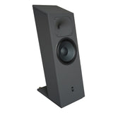 Three-quarter profile front view of the STRAUSS ELEKTROAKUSTIK SE MF-4S Large-Format Floorstanding Passive Monitoring System, showcasing the horn-loaded cabinet geometry, 12-inch LIT woofer, and sloping baffle profile in Nextel Anthracite on a white background.
