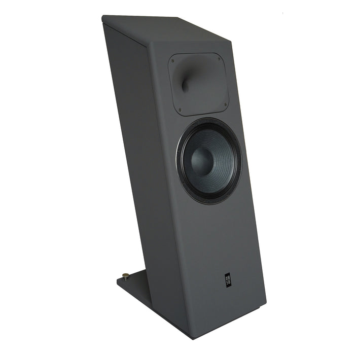 Three-quarter profile front view of the STRAUSS ELEKTROAKUSTIK SE MF-4S Large-Format Floorstanding Passive Monitoring System, showcasing the horn-loaded cabinet geometry, 12-inch LIT woofer, and sloping baffle profile in Nextel Anthracite on a white background.