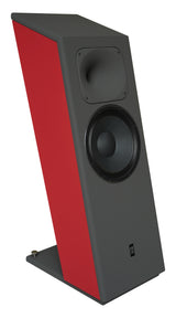 Three-quarter profile front view of the STRAUSS ELEKTROAKUSTIK SE MF-4S Large-Format Floorstanding Passive Monitoring System, showcasing the custom red side panel finish option, sloping baffle geometry, 12-inch LIT woofer, and horn-loaded compression driver on a white background.