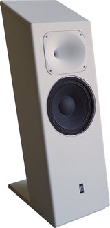 Three-quarter profile front view of the STRAUSS ELEKTROAKUSTIK SE MF-4S Large-Format Floorstanding Passive Monitoring System, showcasing the custom white cabinet finish option, sloping baffle geometry, 12-inch LIT woofer, and horn-loaded compression driver on a white background.