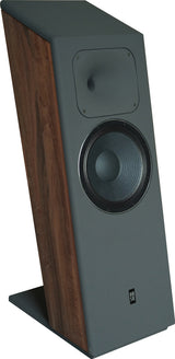 Three-quarter profile front view of the STRAUSS ELEKTROAKUSTIK SE MF-4S Large-Format Floorstanding Passive Monitoring System, showcasing the custom wood side panel finish option, sloping baffle geometry, 12-inch LIT woofer, and horn-loaded compression driver on a white background.