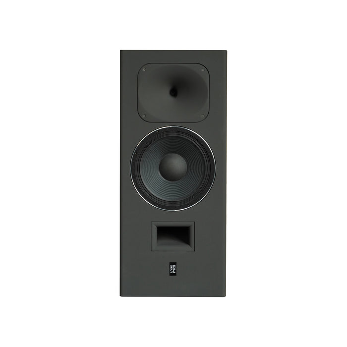 Front profile view of the STRAUSS ELEKTROAKUSTIK SE MF-4 Large-Format Midfield Passive Monitoring System, detailing the 12-inch LIT woofer and horn-loaded compression driver in Nextel Anthracite on a white background.