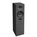 Three-quarter profile view of the STRAUSS ELEKTROAKUSTIK SE MF-4 Large-Format Midfield Passive Monitoring System mounted on its matching custom stand pedestal, showing the integrated column design in Nextel Anthracite on a white background.