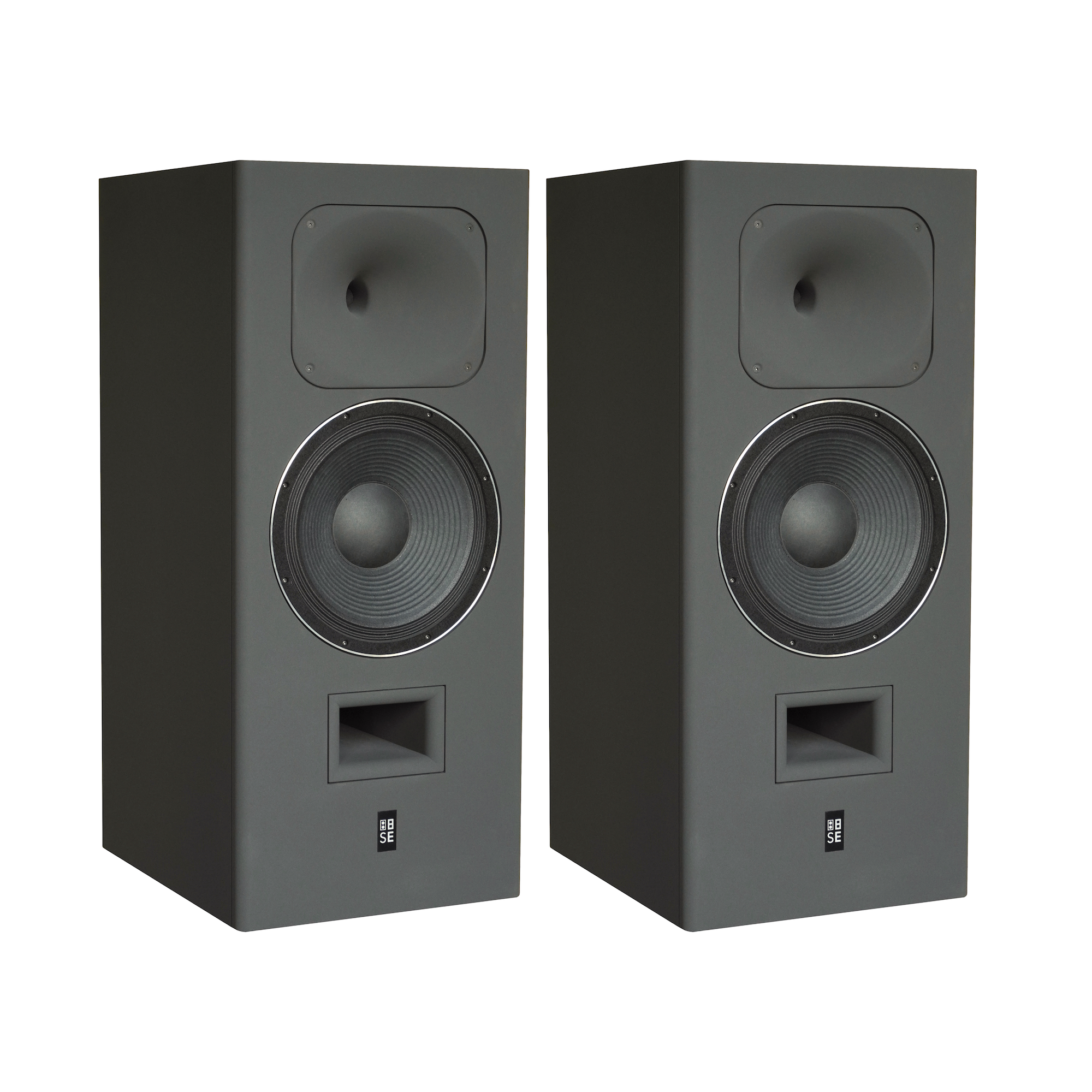 A stereo pair of STRAUSS ELEKTROAKUSTIK SE MF-4 Large-Format Midfield Passive Monitoring Systems, showcasing the 12-inch LIT woofer and horn-loaded compression driver architecture in Nextel Anthracite.