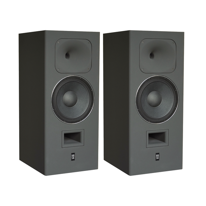 A stereo pair of STRAUSS ELEKTROAKUSTIK SE MF-4 Large-Format Midfield Passive Monitoring Systems, showcasing the 12-inch LIT woofer and horn-loaded compression driver architecture in Nextel Anthracite.