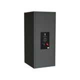 A rear three-quarter profile view of the STRAUSS ELEKTROAKUSTIK SE MF-4 Large-Format Midfield Passive Monitoring System, showcasing the heavy-duty input connection panel and binding posts on the deep Nextel Anthracite enclosure.