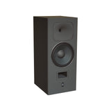 An elevated three-quarter profile view of the STRAUSS ELEKTROAKUSTIK SE MF-4 Large-Format Midfield Passive Monitoring System, showcasing the horn-loaded cabinet geometry, 12-inch LIT woofer, and bass reflex porting in Nextel Anthracite on a white background.