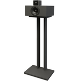 Front three-quarter view of a single STRAUSS ELEKTROAKUSTIK SE NF-3 Passive Nearfield Monitor positioned horizontally on a custom heavy-duty black floor stand, centered on a white background, highlighting the enclosure depth, bass reflex porting, and decoupled, physically time-aligned neodymium soft dome tweeter module in Nextel Anthracite.
