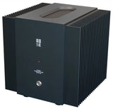 Front view of the STRAUSS ELEKTROAKUSTIK SE PA-100 Stereo Power Amplifier, centered on a dark gray background, showcasing the minimal precision analog design, milled solid aluminum faceplate, and signature clean mechanical hardware alignment.