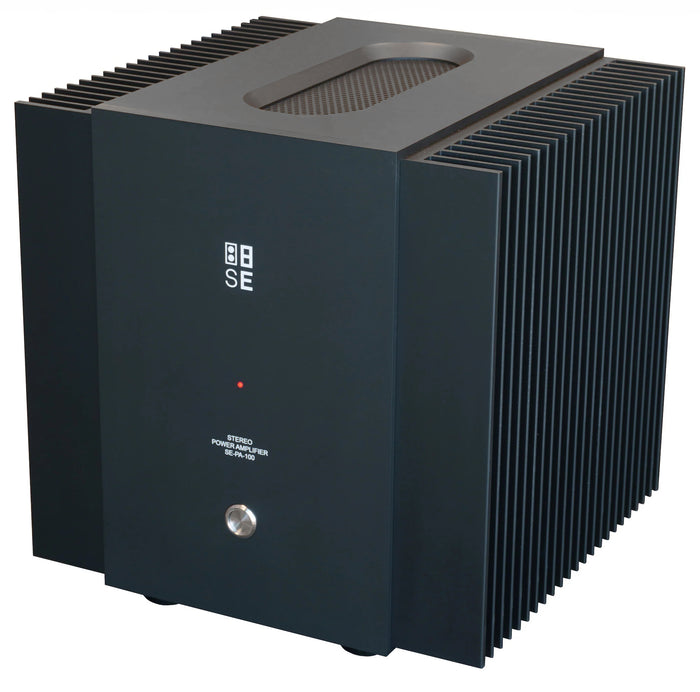 Front view of the STRAUSS ELEKTROAKUSTIK SE PA-100 Stereo Power Amplifier, centered on a dark gray background, showcasing the minimal precision analog design, milled solid aluminum faceplate, and signature clean mechanical hardware alignment.