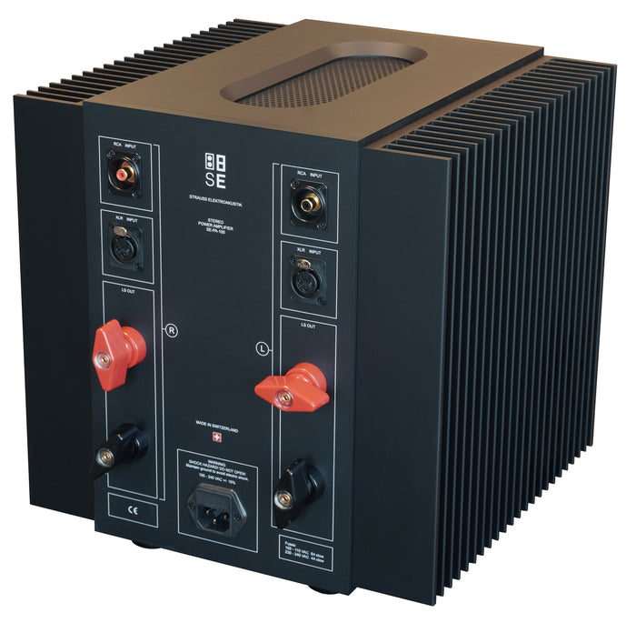 Rear three-quarter view of the STRAUSS ELEKTROAKUSTIK SE PA-100 Stereo Power Amplifier on a white background, highlighting the heavy-duty custom red loudspeaker binding posts, balanced XLR and unbalanced RCA input interfaces, massive external cooling fins, and precision mechanical housing construction.