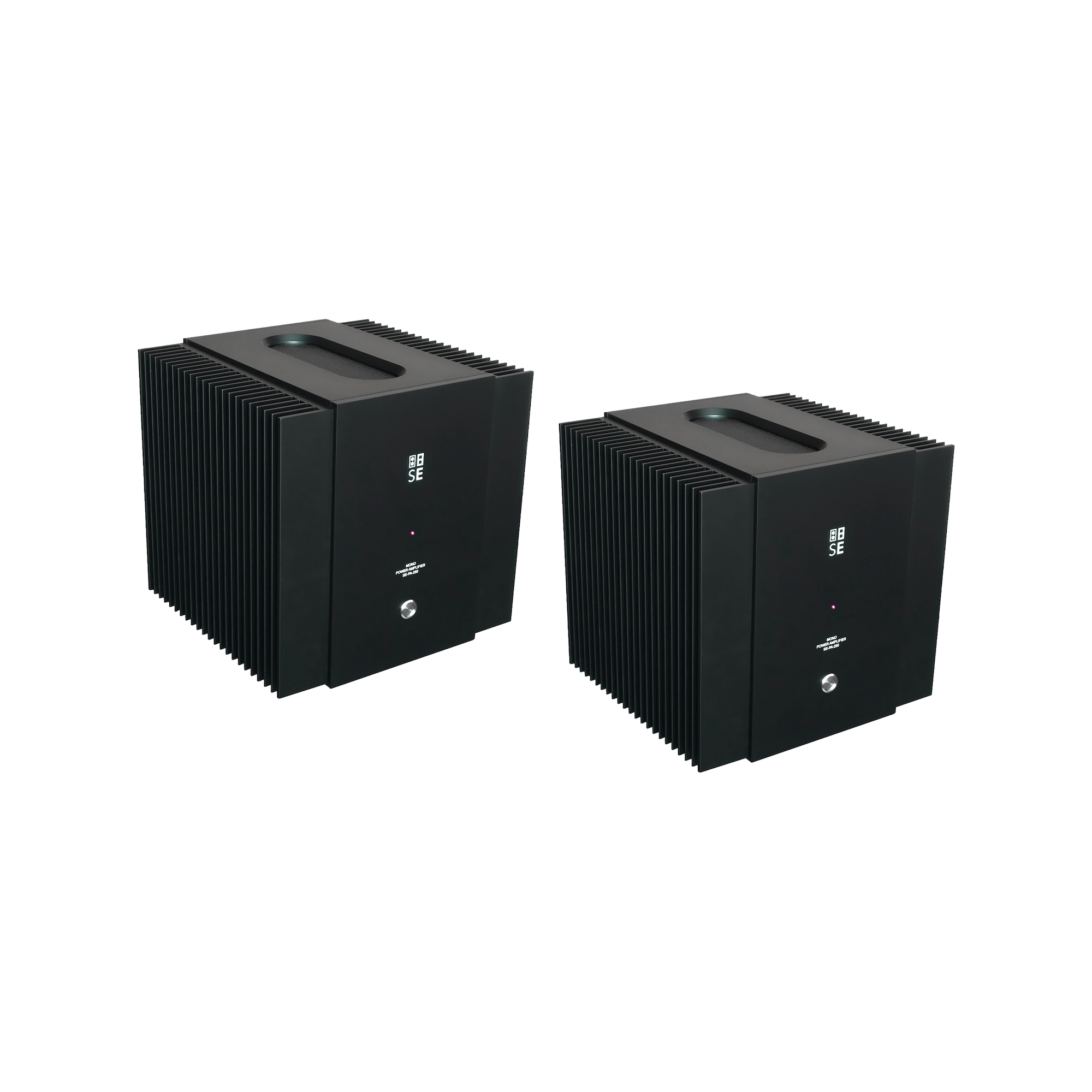 Front three-quarter profile view of a stereo pair of STRAUSS ELEKTROAKUSTIK SE PA-250 Mono Power Amplifiers on a white background, highlighting the heavy-duty 10mm milled aluminum block housing, massive integrated side cooling fins, precision minimal front panel with indicator LED, and the signature clean mechanical design.