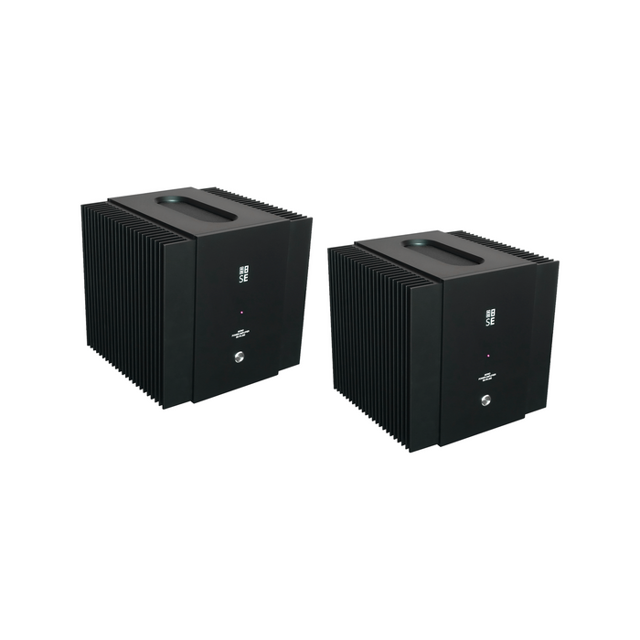 Front three-quarter profile view of a stereo pair of STRAUSS ELEKTROAKUSTIK SE PA-250 Mono Power Amplifiers on a white background, highlighting the heavy-duty 10mm milled aluminum block housing, massive integrated side cooling fins, precision minimal front panel with indicator LED, and the signature clean mechanical design.