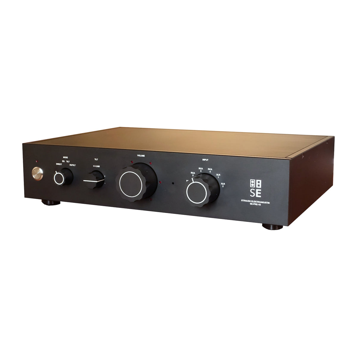 Front three-quarter profile view of the STRAUSS ELEKTROAKUSTIK SE PRE-1S Reference Analog Preamplifier on a white background, highlighting the precision physical control interface, including the tactile volume dial, input selector, EQ tilt adjustment switches, and the signature clean mechanical chassis engineering.