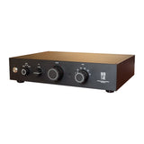 Front three-quarter profile view of the STRAUSS ELEKTROAKUSTIK SE PRE-1S Reference Analog Preamplifier on a white background, highlighting the precision physical control interface, including the tactile volume dial, input selector, EQ tilt adjustment switches, and the signature clean mechanical chassis engineering.